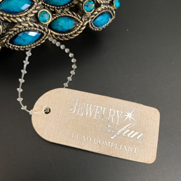 Peacock turquoise blue gold tone filigree vintage/boho stretch cuff bracelet - Picture 8 of 12